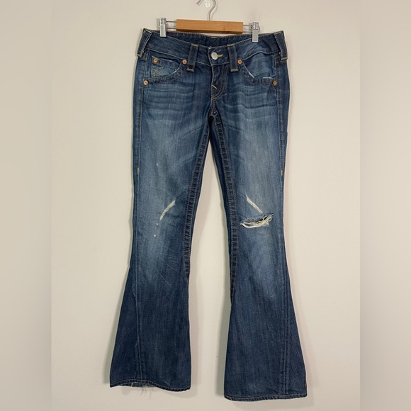True Religion Denim - True Religion Womens Jeans Size 26 Blue Flare Leg Distressed Low Rise Denim